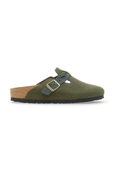 Semišové pantofle Birkenstock Boston Braided dámské, zelená barva, 1030599