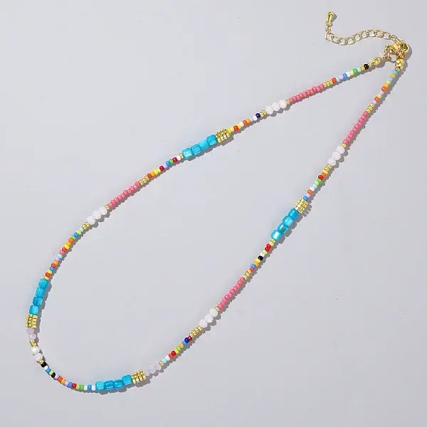 Ethnic Style Rainbow Color Square Natural Shell & Glass & Glass Seed Beaded Necklaces for Women