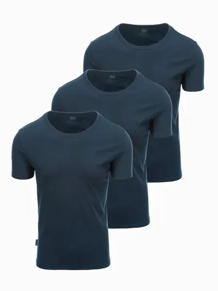 Ombre Set of men's BASIC cotton shirts with round neckline - 3x navy blue