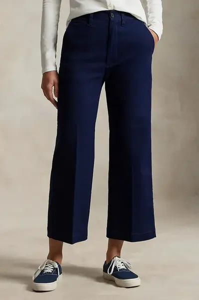 Kalhoty Polo Ralph Lauren dámské, tmavomodrá barva, široké, high waist, 211873988