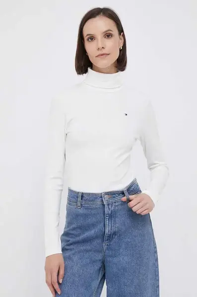 Tričko s dlouhým rukávem Tommy Hilfiger dámské, béžová barva, s golfem, WW0WW39826