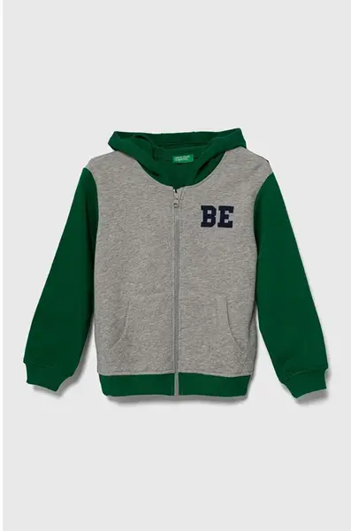 Dětská bavlněná mikina United Colors of Benetton šedá barva, s kapucí, vzorovaná