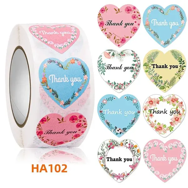 500Pcs Heart Shaped Paper Thank You Self Adhesive Stickers Rolls