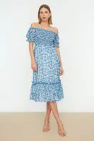 Trendyol Blue Floral Madonna Collar Waist Chiffon Gimped Midi Lined Woven Dress