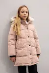 DEFACTO Girls Hooded Detachable Hood Faux Fur Zipper Snap Closure Long Coat Parka
