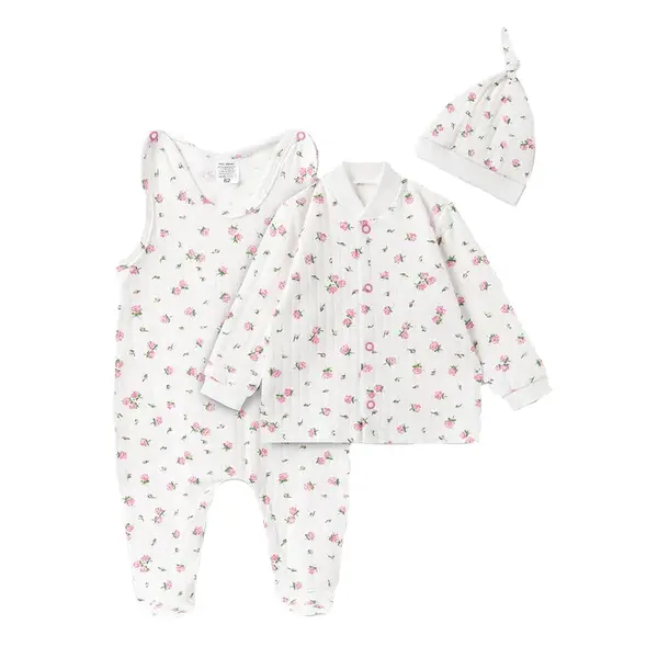 MBaby Bavlněná 3D sada, dupačky s košilkou + čepička, Amélie, bílá/růžová