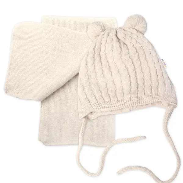 Baby Nellys Zimní čepice na zavazování s bambulky + šál, béžová vel.  62/68
