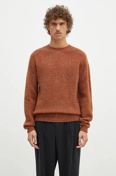 Vlněný svetr Norse Projects Birnir Brushed Lambswool pánský, hnědá barva, N45.0520.4001