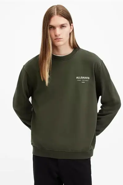 Bavlněná mikina AllSaints UNDERGROUND pánská, zelená barva, s potiskem, M033NB