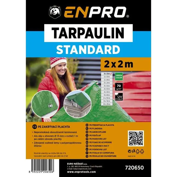 Plachta zakrývací STANDARD, 2 x 2 m, 70 g/m², zelená, ENPRO