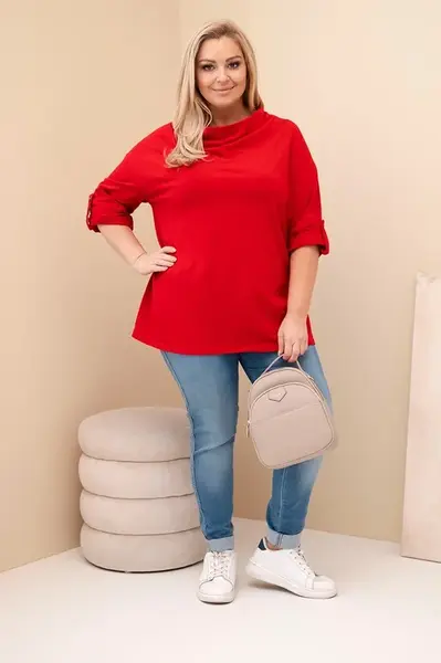 Kesi Włoski Dámská blůza Plus Size s bavlnou volného střihu s vodním výstřihem červená