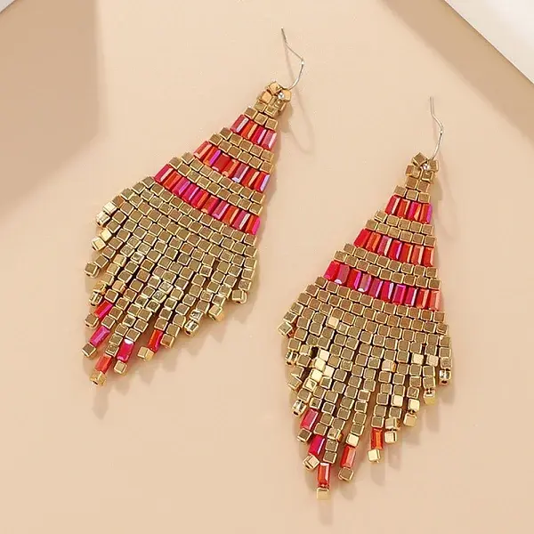 Boho Seed Bead Rhombus Tassel Earrings