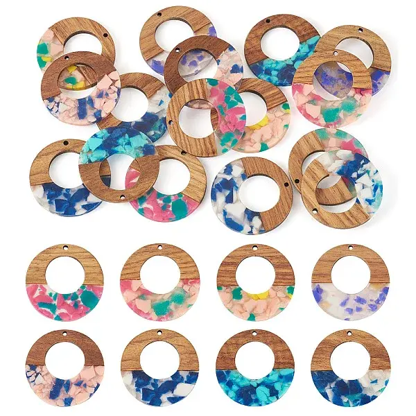 16Pcs 8 Colors  Resin and Walnut Pendants