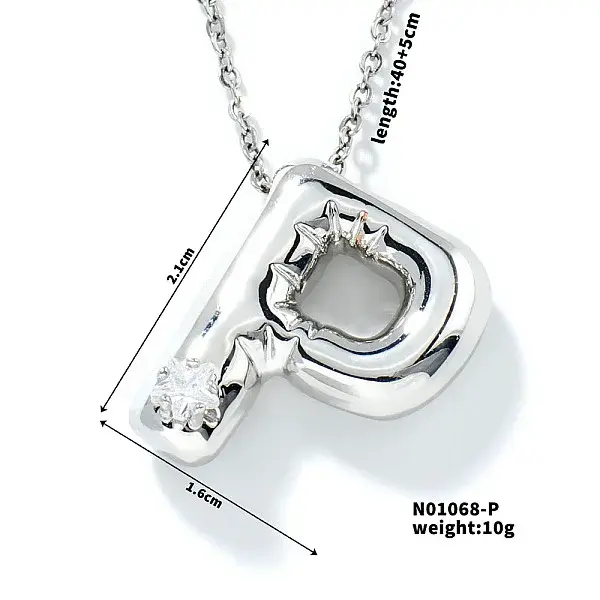 Brass Pave Clear Cubic Zirconia Shiny Balloon Letter Pendant Necklaces