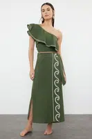 Trendyol Khaki Woven Flounce One Shoulder 100% Cotton Blouse Skirt Beach Suit