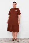 Trendyol Curve Brown Skirt Ruffled Label Detailed 100% Cotton Knitted Plus Size T-shirt Dress