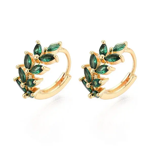 Brass Micro Pave Cubic Zirconia Leaf Hoop Earrings