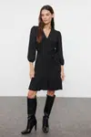 Trendyol Black Belted A-Line/A-Line Form Wrap/Textured Knitted Dress