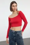 Trendyol Red Fitted Super Crop Carmen Collar Ribbed Stretch Knitted Blouse