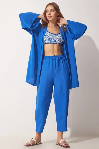 Happiness İstanbul Women's Dark Blue Kimono Pants Suit