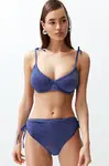 Trendyol Navy Blue Balconette Tie-Up Silvery High Waist Hipster Bikini Set