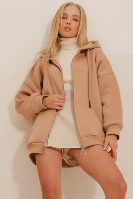 Trend Alaçatı Stili Women's Biscuit Hooded Kangaroo Pocket, Zippered Rayon Sweatshirt