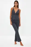 Trendyol Anthracite Ribbed Rope Strap Knitted Pajama Set