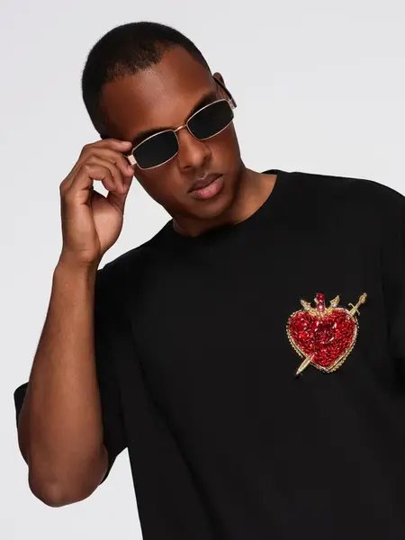 Ombre Men's cotton T-shirt with jewelry applique on chest - black