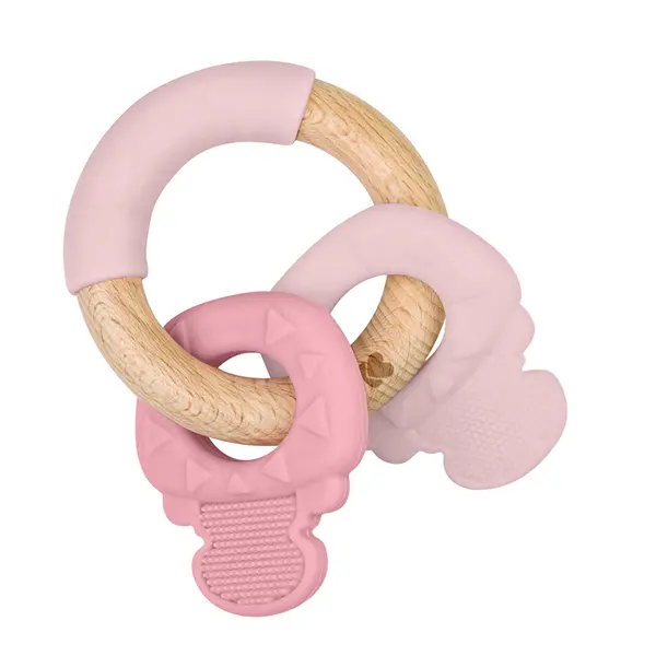 KikkaBoo Kousátko silikon a dřevo keys pink