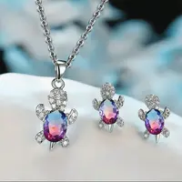 Tortoise Alloy Rhinestone & Glass Pendant Necklaces & Stud Earrings Sets
