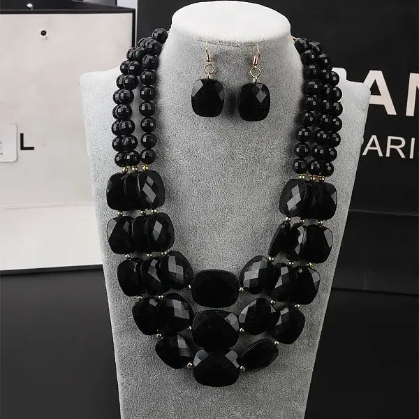 Bohemian Style Acrylic Faceted Rectangle Beaded Multilayer Necklaces & Dangle Earrings Sets