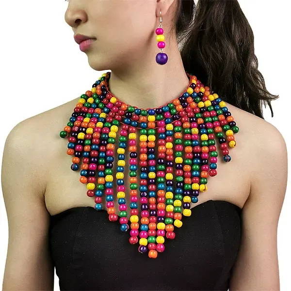 Bohemian Style Wood Round Beaded Pendant Necklaces & Dangle Earrings Sets