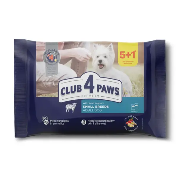 СLUB 4 PAWS Premium SET 5+1 kapsička pre psov s jahňacím mäsom v omáčke 6 x 80 g (4737)