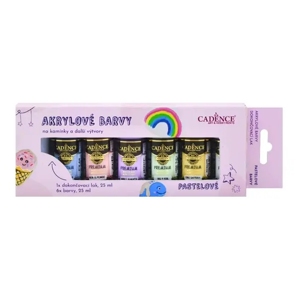 Akrylové farby na kamienky Cadence, súprava 6 ks a akrylový lak, 25 ml - pastelové
