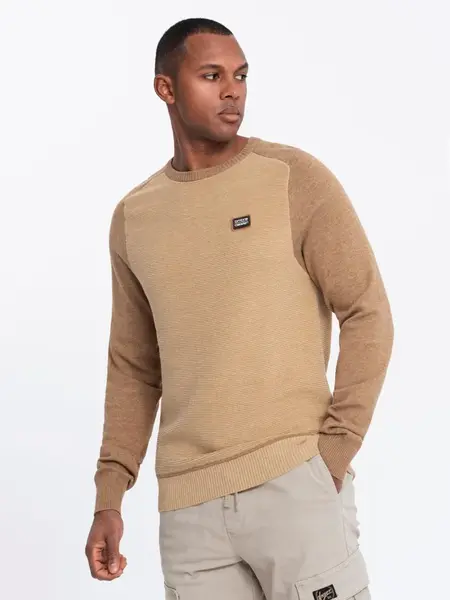 Ombre Men's cotton sweater with patch and raglan sleeves - brown