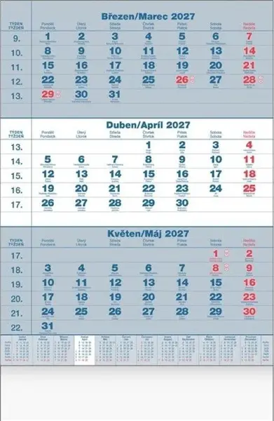 Kalendář 2027 nástěnný Tříměsíční