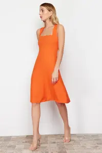Trendyol Orange A-Cut Square Neck Mini Woven Dress