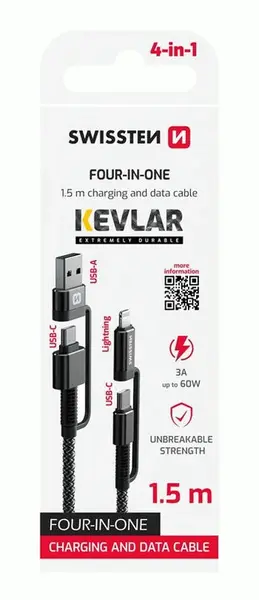 DATOVÝ KABEL SWISSTEN KEVLAR 4in1 3A 1,5 M, ANTRACIT