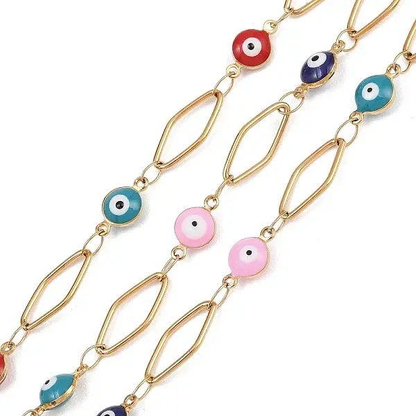 304 Stainless Steel Enamel Evil Eye & Rhombus Link Chains
