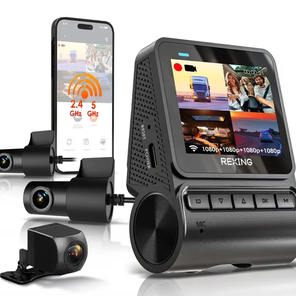 REXING RH2-4 Quad-Channel Dash Cam - 1080p Front, Rear, Cabin, and Exterior Coverage with Wi-Fi, and Optional GPS - RH2-4+64G+GPS Smart Hardwire Kit