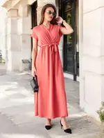 Resti Women's midi dress with a wrap neckline, short sleeves, and a belt