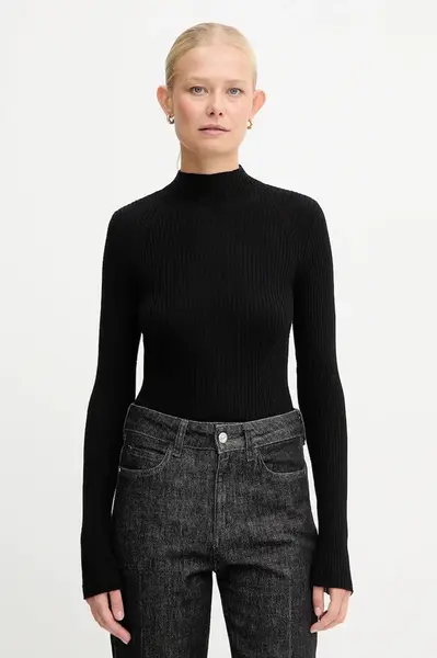 Vlněný svetr Twinset dámský, černá barva, s pologolfem, 252TT3111