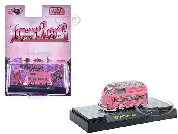 1960 Volkswagen Delivery Van "Lowriders" Pink Metallic with Flower Print Top and Side Stripes and White Interior Limited Edition to 4400 pieces World