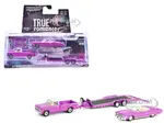 1974 Cadillac Eldorado Convertible Pink and 1972 Chevrolet C-30 Pickup Truck Pink with Heavy Duty Car Hauler "True Romance" (1993) Movie "Hollywood H