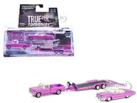 1974 Cadillac Eldorado Convertible Pink and 1972 Chevrolet C-30 Pickup Truck Pink with Heavy Duty Car Hauler "True Romance" (1993) Movie "Hollywood H