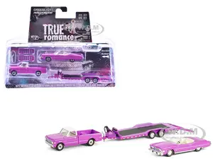 1974 Cadillac Eldorado Convertible Pink and 1972 Chevrolet C-30 Pickup Truck Pink with Heavy Duty Car Hauler "True Romance" (1993) Movie "Hollywood H