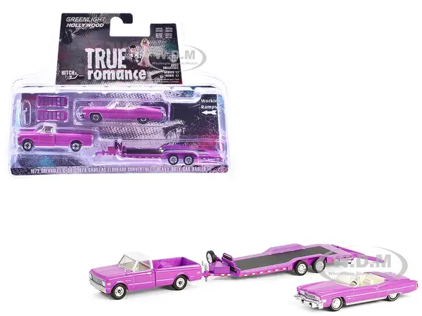 1974 Cadillac Eldorado Convertible Pink and 1972 Chevrolet C-30 Pickup Truck Pink with Heavy Duty Car Hauler "True Romance" (1993) Movie "Hollywood H