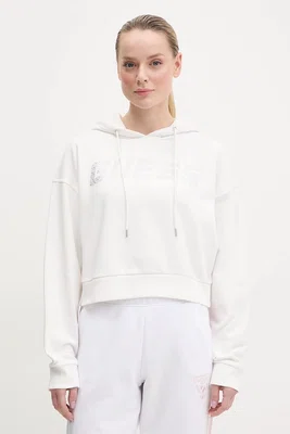 Bavlněná mikina Guess PRIMULA dámská, bílá barva, s kapucí, s aplikací, V5GQ09 KCRP0