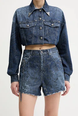 Kraťasy Versace Jeans Couture dámské, tmavomodrá barva, s potiskem, high waist, 78HAD51G DS025LF1