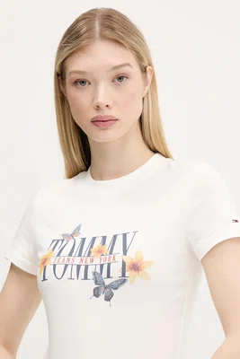 Bavlněné tričko Tommy Jeans dámské, béžová barva, DW0DW21340
